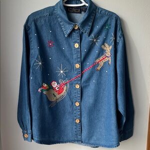 Vintage New Direction Blue Denim shirt with Santa & Reindeer Embroidery